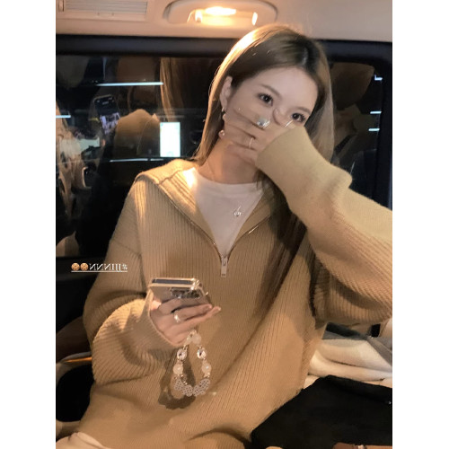 拉鍊大翻領慵懶風毛衣女秋冬季外穿休閒百搭韓版寬松加厚保暖上衣