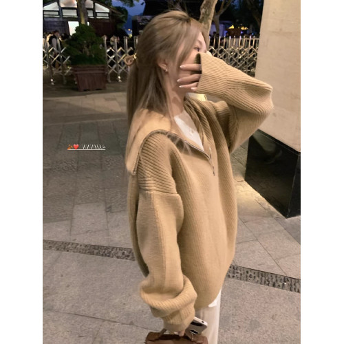 拉鍊大翻領慵懶風毛衣女秋冬季外穿休閒百搭韓版寬松加厚保暖上衣