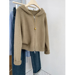 設計感拉鍊連帽開衫毛衣外套女秋冬慵懶風寬松外穿針織衫連帽上衣