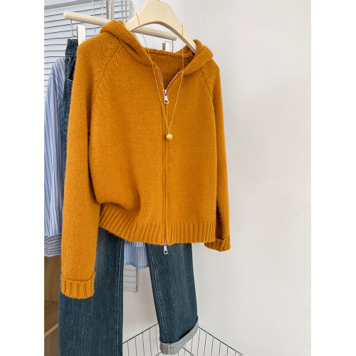 設計感拉鍊連帽開衫毛衣外套女秋冬慵懶風寬松外穿針織衫連帽上衣