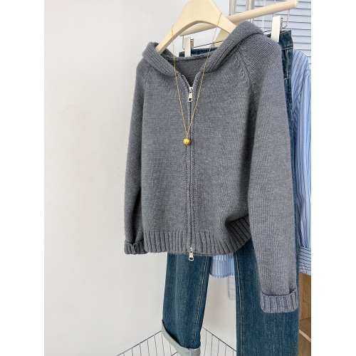 設計感拉鍊連帽開衫毛衣外套女秋冬慵懶風寬松外穿針織衫連帽上衣