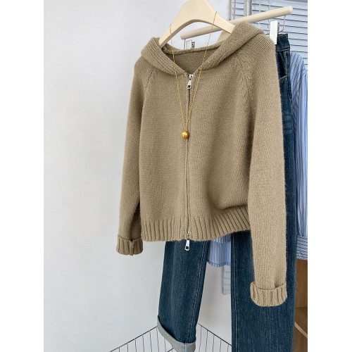 設計感拉鍊連帽開衫毛衣外套女秋冬慵懶風寬松外穿針織衫連帽上衣