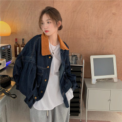 設計感燈芯絨領牛仔外套女短款秋冬大碼寬松復古百搭夾克上衣胖mm