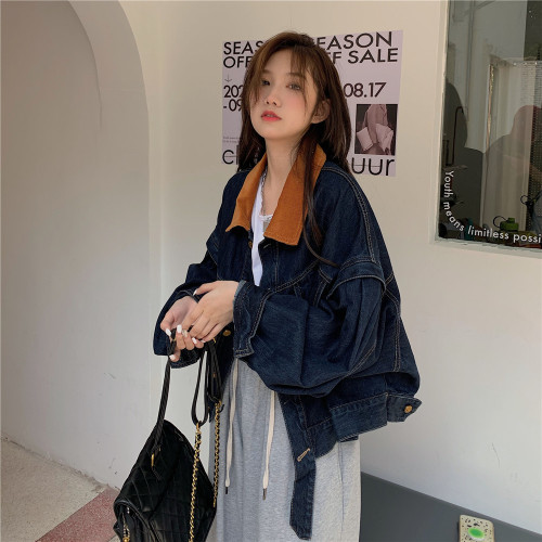 設計感燈芯絨領牛仔外套女短款秋冬大碼寬松復古百搭夾克上衣胖mm 設計感燈芯絨領牛仔外套女短款秋冬大碼寬松復古百搭夾克上衣胖mm