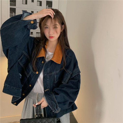 設計感燈芯絨領牛仔外套女短款秋冬大碼寬松復古百搭夾克上衣胖mm 設計感燈芯絨領牛仔外套女短款秋冬大碼寬松復古百搭夾克上衣胖mm