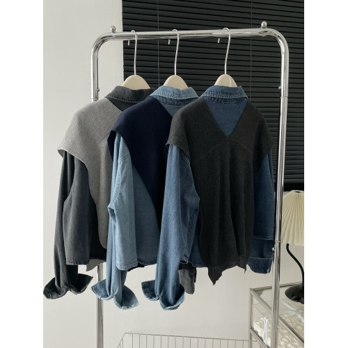 韓國東大門秋季新款休閒翻領牛仔短款襯衫上衣外搭披肩兩件套裝女 韓國東大門秋季新款休閒翻領牛仔短款襯衫上衣外搭披肩兩件套裝女