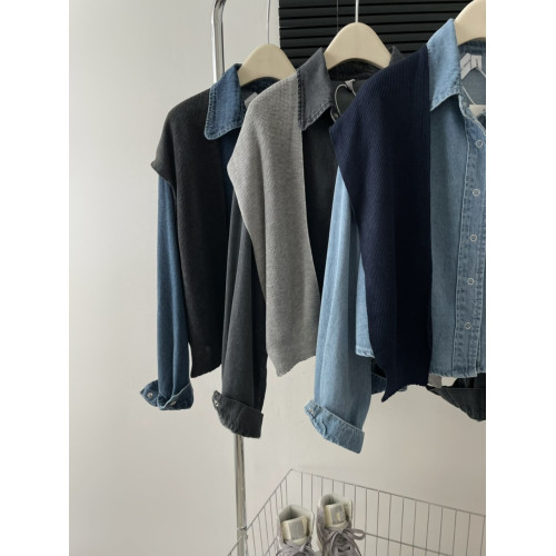 韓國東大門秋季新款休閒翻領牛仔短款襯衫上衣外搭披肩兩件套裝女 韓國東大門秋季新款休閒翻領牛仔短款襯衫上衣外搭披肩兩件套裝女