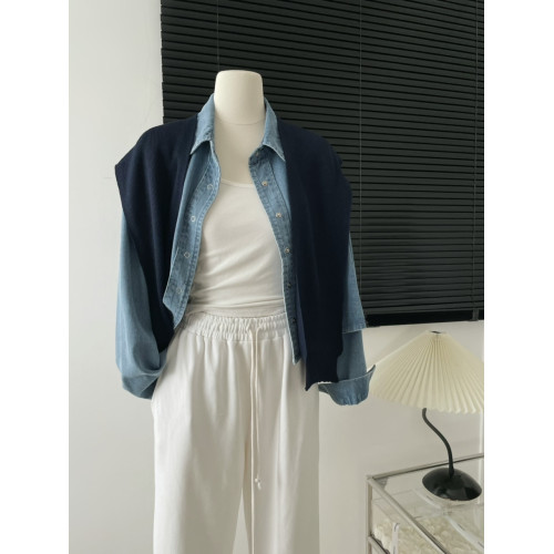 韓國東大門秋季新款休閒翻領牛仔短款襯衫上衣外搭披肩兩件套裝女 韓國東大門秋季新款休閒翻領牛仔短款襯衫上衣外搭披肩兩件套裝女