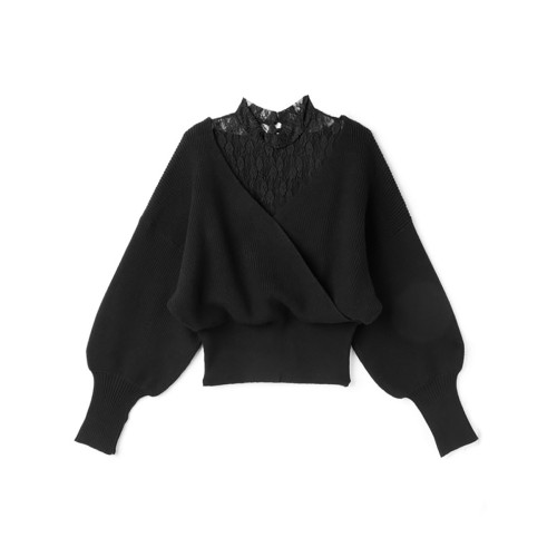 日系甜美蕾絲領拼接假兩件氣質顯瘦軟糯毛衣女落肩袖純欲針織衫