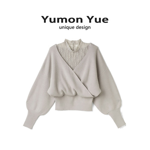 日系甜美蕾絲領拼接假兩件氣質顯瘦軟糯毛衣女落肩袖純欲針織衫