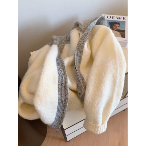 韓系天花板~設計感米色連帽針織外套女冬季洋氣減齡寬松毛衣開衫