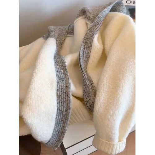 韓系天花板~設計感米色連帽針織外套女冬季洋氣減齡寬松毛衣開衫