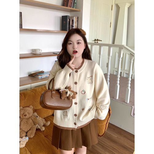 辣條大碼女裝 假兩件刺綉毛衣針織顯瘦胖mm開衫2026早春新款上衣