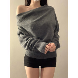 慵懶風一字領露肩毛衣女2025年秋冬新款寬松百搭氣質套頭針織上衣