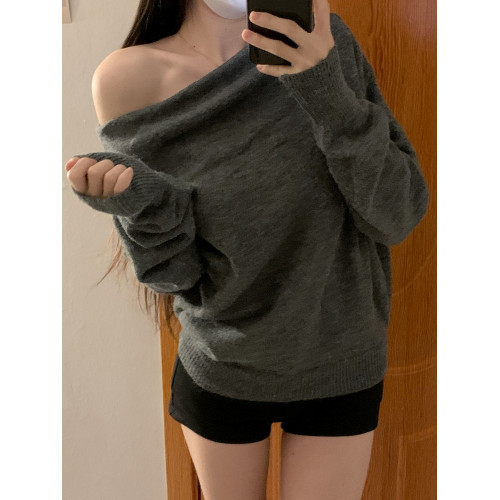 慵懶風一字領露肩毛衣女2025年秋冬新款寬松百搭氣質套頭針織上衣