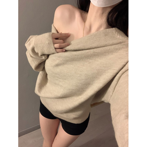 慵懶風一字領露肩毛衣女2025年秋冬新款寬松百搭氣質套頭針織上衣