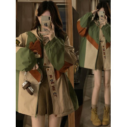 學院風拼接撞色沖鋒衣外套女春秋戶外機能高級感工裝連帽風衣夾克