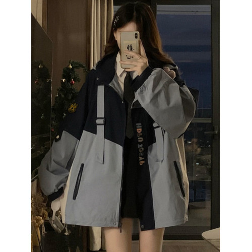 學院風拼接撞色沖鋒衣外套女春秋戶外機能高級感工裝連帽風衣夾克 學院風拼接撞色沖鋒衣外套女春秋戶外機能高級感工裝連帽風衣夾克