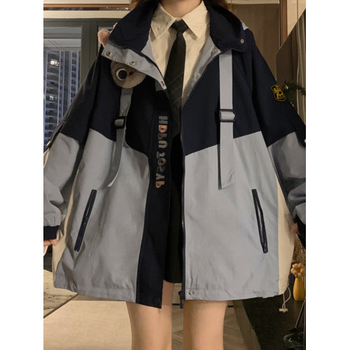學院風拼接撞色沖鋒衣外套女春秋戶外機能高級感工裝連帽風衣夾克 學院風拼接撞色沖鋒衣外套女春秋戶外機能高級感工裝連帽風衣夾克