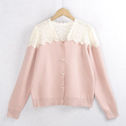 623蕾絲毛衣開衫 秋冬花邊領時尚珍珠釦百搭長袖針織毛線衣女