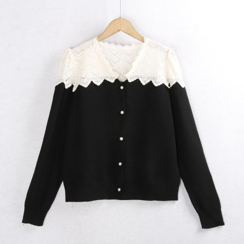 623蕾絲毛衣開衫 秋冬花邊領時尚珍珠釦百搭長袖針織毛線衣女