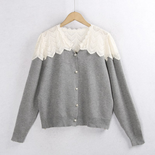 623蕾絲毛衣開衫 秋冬花邊領時尚珍珠釦百搭長袖針織毛線衣女
