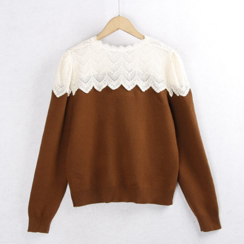 623蕾絲毛衣開衫 秋冬花邊領時尚珍珠釦百搭長袖針織毛線衣女