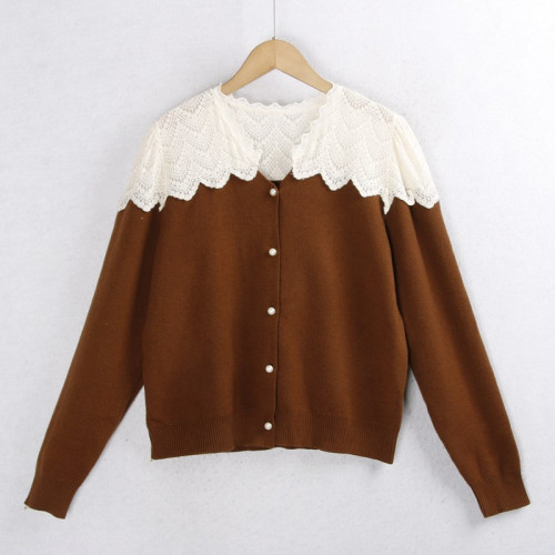 623蕾絲毛衣開衫 秋冬花邊領時尚珍珠釦百搭長袖針織毛線衣女