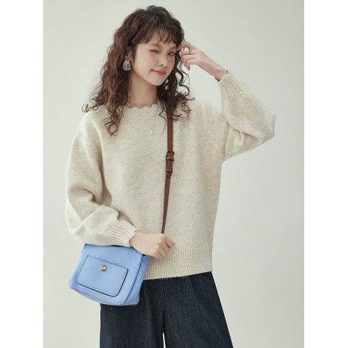 「北島AMUU原創」溫柔純色花邊領羊毛毛衣女秋冬新款內搭外穿上衣