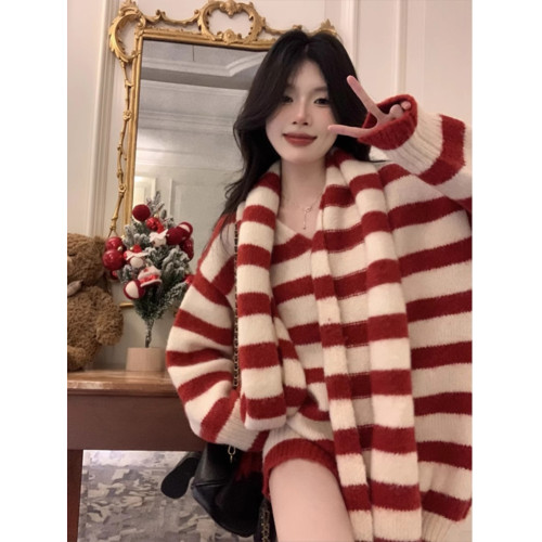 聖誕新年紅色條紋v領套頭毛衣女2025秋冬寬松中長款針織衫上衣厚
