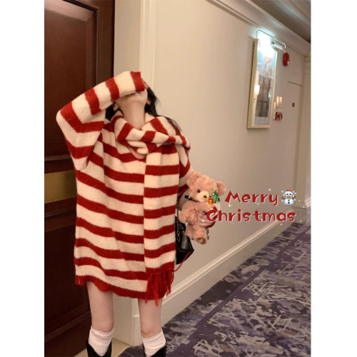 聖誕新年紅色條紋v領套頭毛衣女2025秋冬寬松中長款針織衫上衣厚