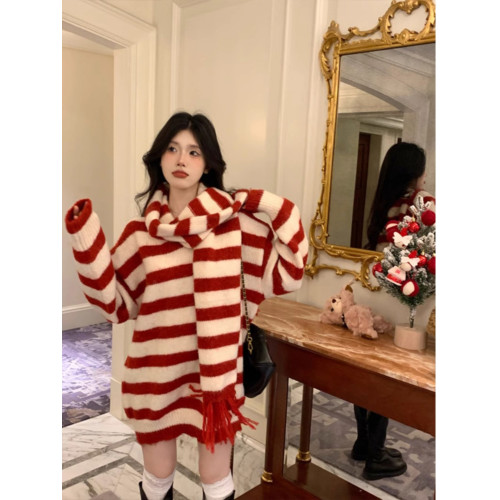 聖誕新年紅色條紋v領套頭毛衣女2025秋冬寬松中長款針織衫上衣厚