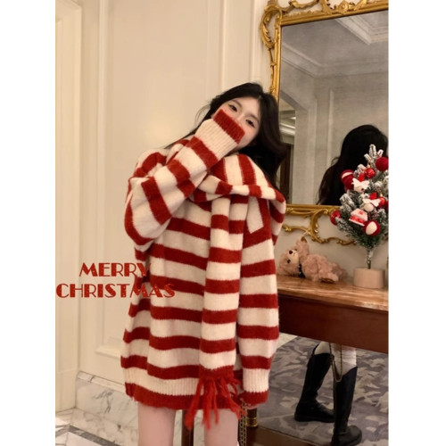 聖誕新年紅色條紋v領套頭毛衣女2025秋冬寬松中長款針織衫上衣厚