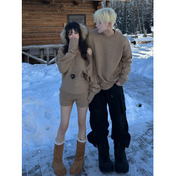 情侶裝秋冬新款ins一字肩毛衣套裝寬松篇幅袖上衣兩件套針織衫潮