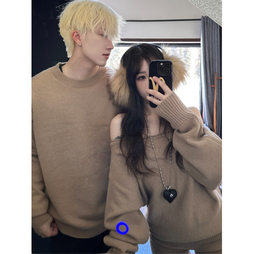 情侶裝秋冬新款ins一字肩毛衣套裝寬松篇幅袖上衣兩件套針織衫潮