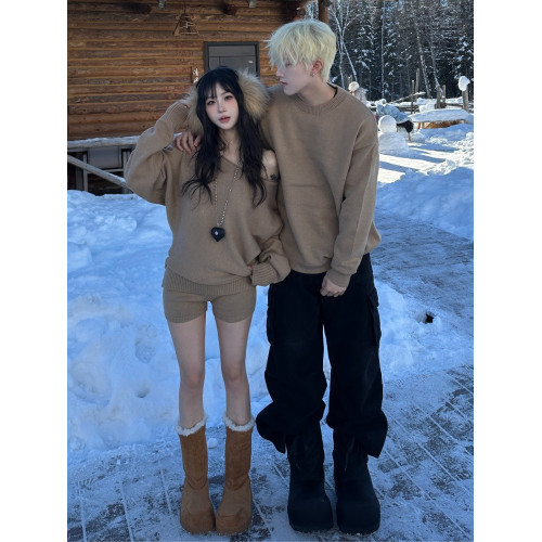 情侶裝秋冬新款ins一字肩毛衣套裝寬松篇幅袖上衣兩件套針織衫潮