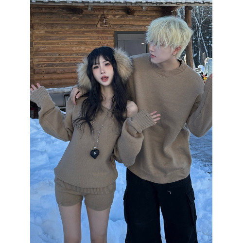 情侶裝秋冬新款ins一字肩毛衣套裝寬松篇幅袖上衣兩件套針織衫潮