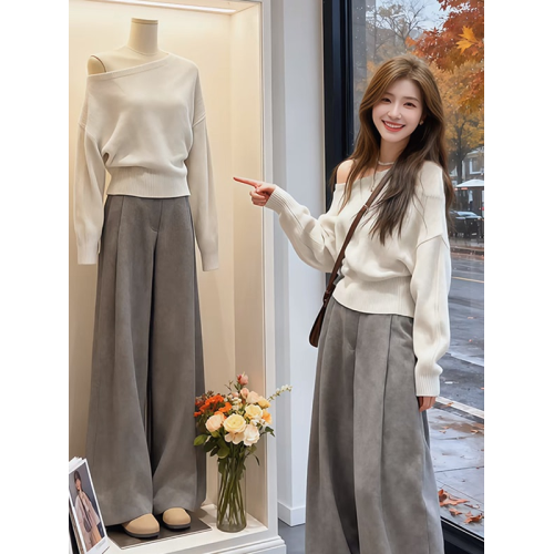 慵懶老錢風白色斜肩露肩軟糯毛衣女秋冬高級感收腰顯瘦長袖針織衫