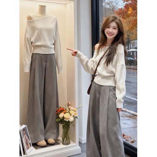 慵懶老錢風白色斜肩露肩軟糯毛衣女秋冬高級感收腰顯瘦長袖針織衫