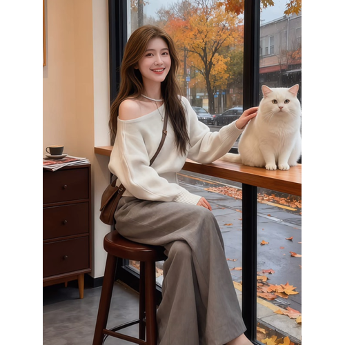 慵懶老錢風白色斜肩露肩軟糯毛衣女秋冬高級感收腰顯瘦長袖針織衫