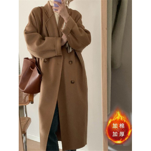 中長款毛呢外套女秋冬加棉學生直筒寬松過膝大衣雙排釦慵懶風衣厚