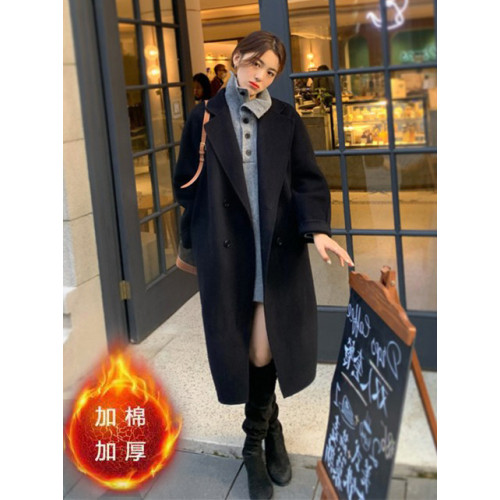 中長款毛呢外套女秋冬加棉學生直筒寬松過膝大衣雙排釦慵懶風衣厚