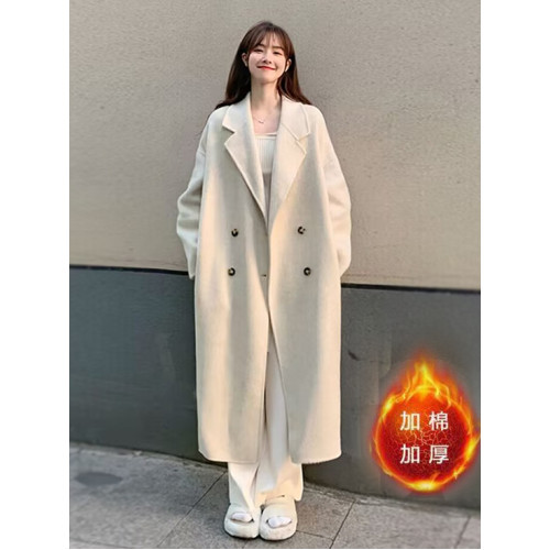 中長款毛呢外套女秋冬加棉學生直筒寬松過膝大衣雙排釦慵懶風衣厚