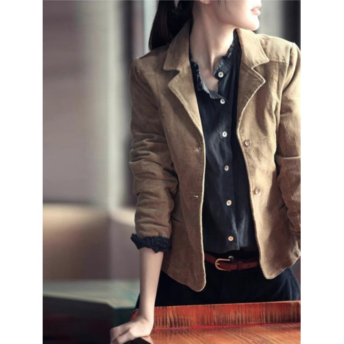 韓版新款100%純棉燈芯絨女復古口袋小西裝休閒細條絨上衣復古外套 韓版新款100%純棉燈芯絨女復古口袋小西裝休閒細條絨上衣復古外套