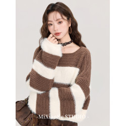 羋小可美拉德穿搭撞色條紋毛衣女秋冬寬松顯瘦氣質軟糯針織衫上衣
