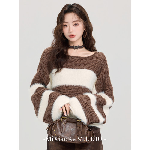 羋小可美拉德穿搭撞色條紋毛衣女秋冬寬松顯瘦氣質軟糯針織衫上衣