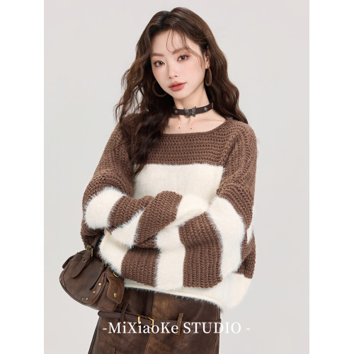 羋小可美拉德穿搭撞色條紋毛衣女秋冬寬松顯瘦氣質軟糯針織衫上衣