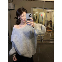 韓系背影殺露背蝴蝶結套頭針織上衣女秋季寬松顯瘦灰色羊駝毛毛衣