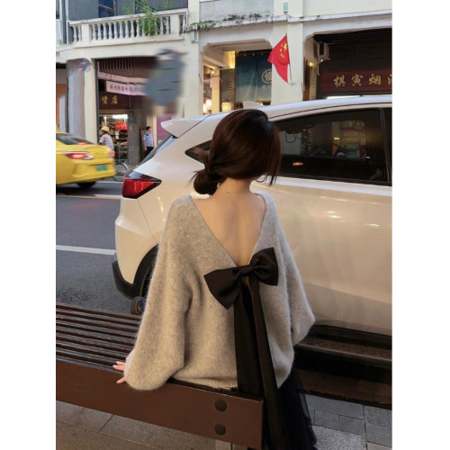 韓系背影殺露背蝴蝶結套頭針織上衣女秋季寬松顯瘦灰色羊駝毛毛衣