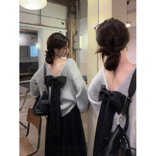 韓系背影殺露背蝴蝶結套頭針織上衣女秋季寬松顯瘦灰色羊駝毛毛衣